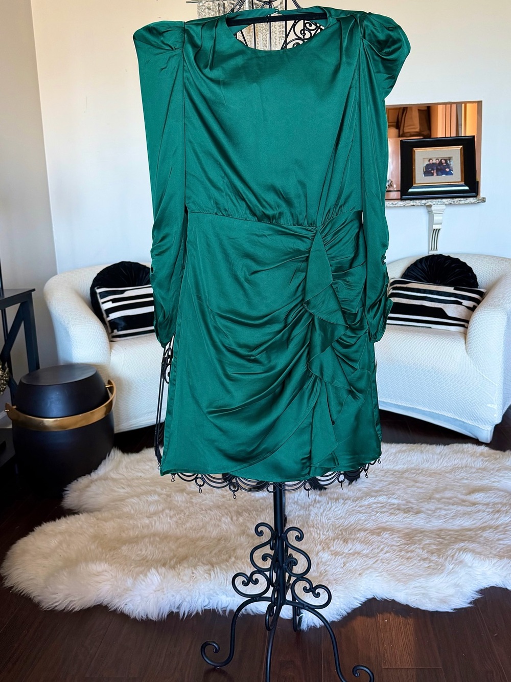 Astr Emerald Green Satin Ruched Dress